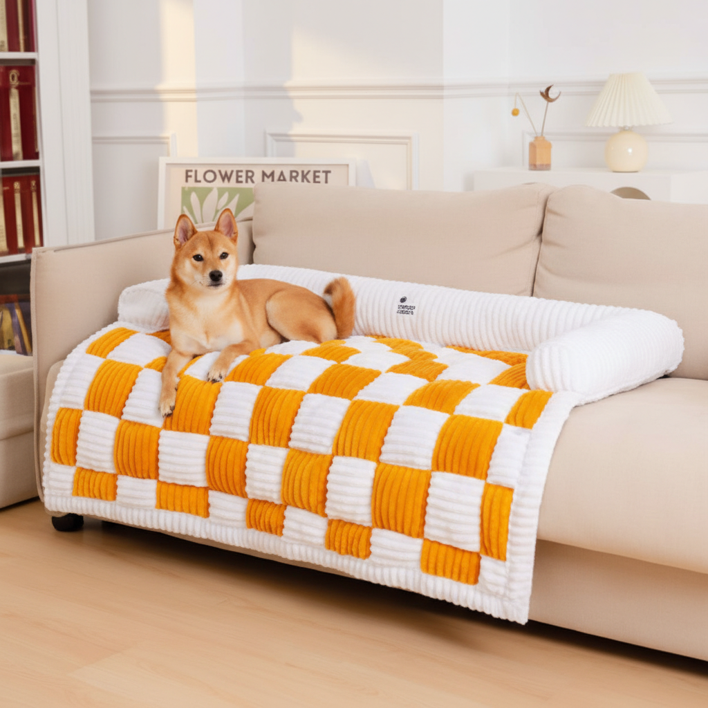 Pet Sofa Cream Square Plaid Cozy Dog Mat Furniture Protector Cover