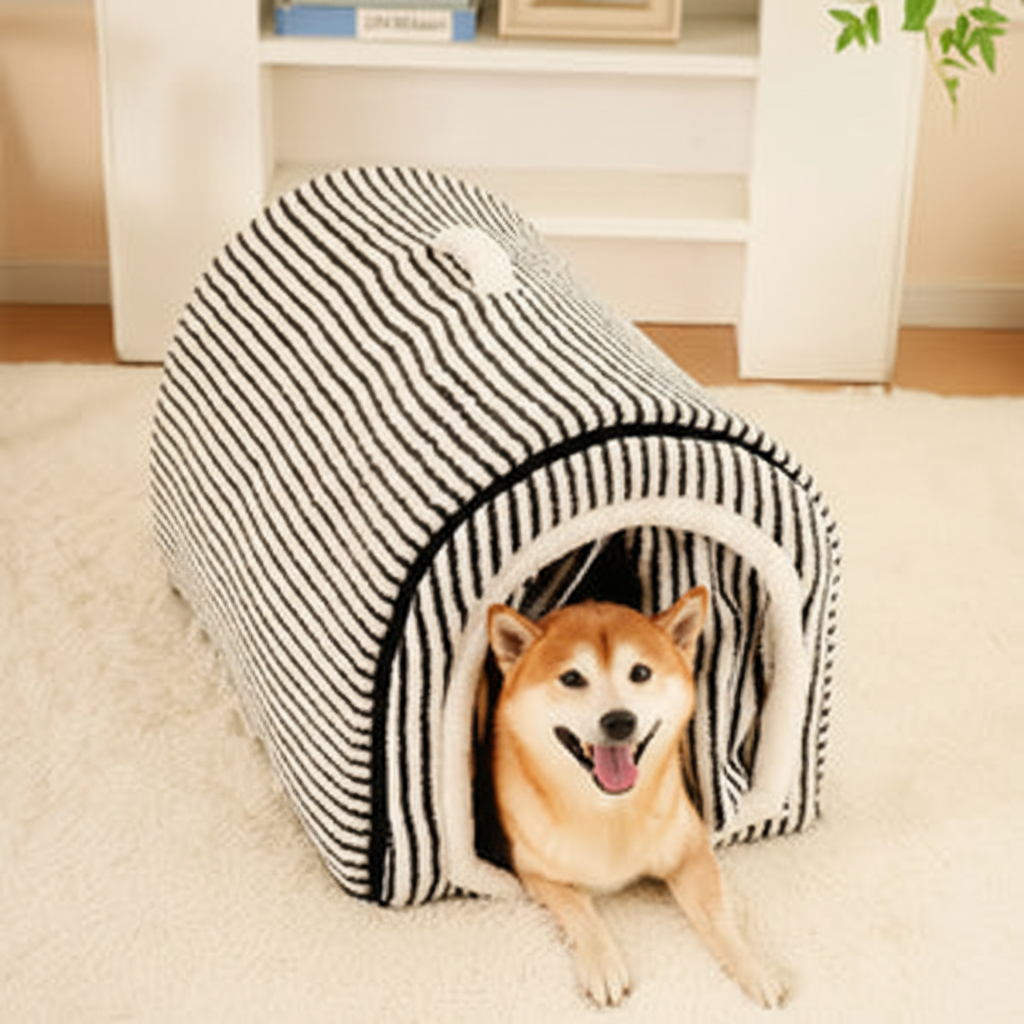Pet Striped Cave-Style Warm Deep Sleeping Snug Cat Cave Dog House