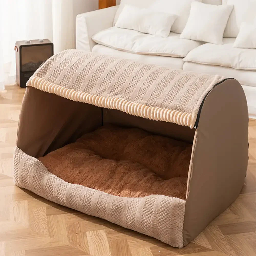 Pet Cozy Cabin Portable Semi-Enclosed Dog Bed with Roof Warming And Durable