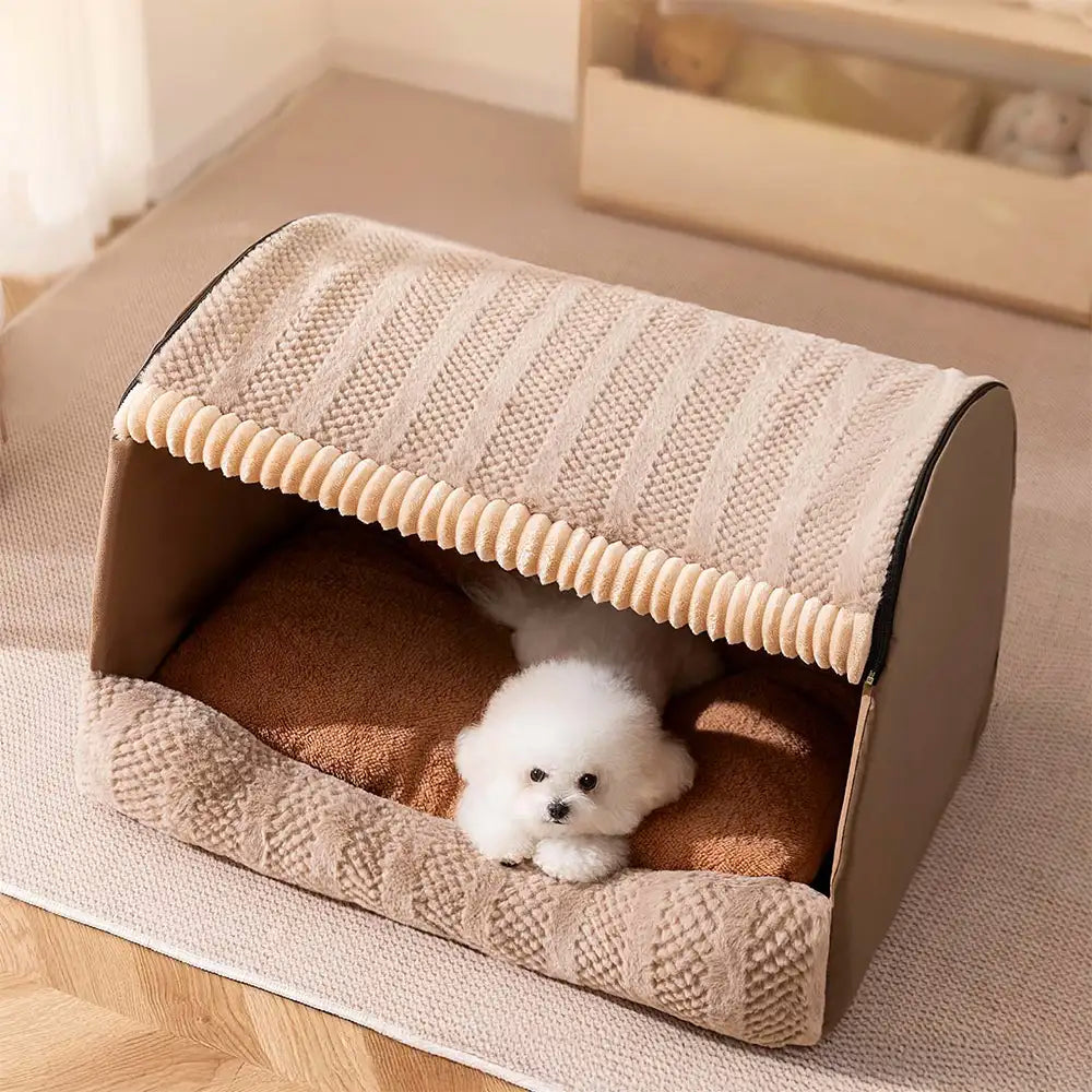 Pet Cozy Cabin Portable Semi-Enclosed Dog Bed with Roof Warming And Durable