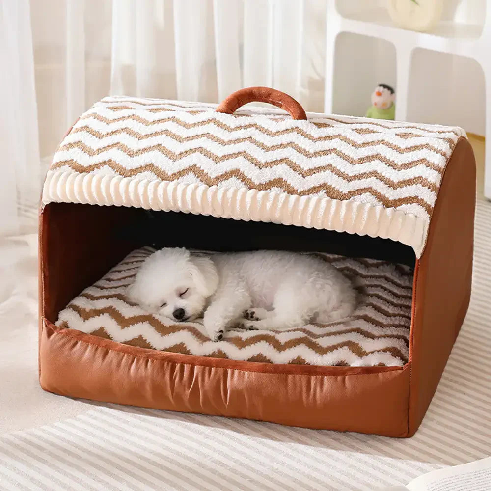 Pet Cozy Cabin Portable Semi-Enclosed Dog Bed with Roof Warming And Durable