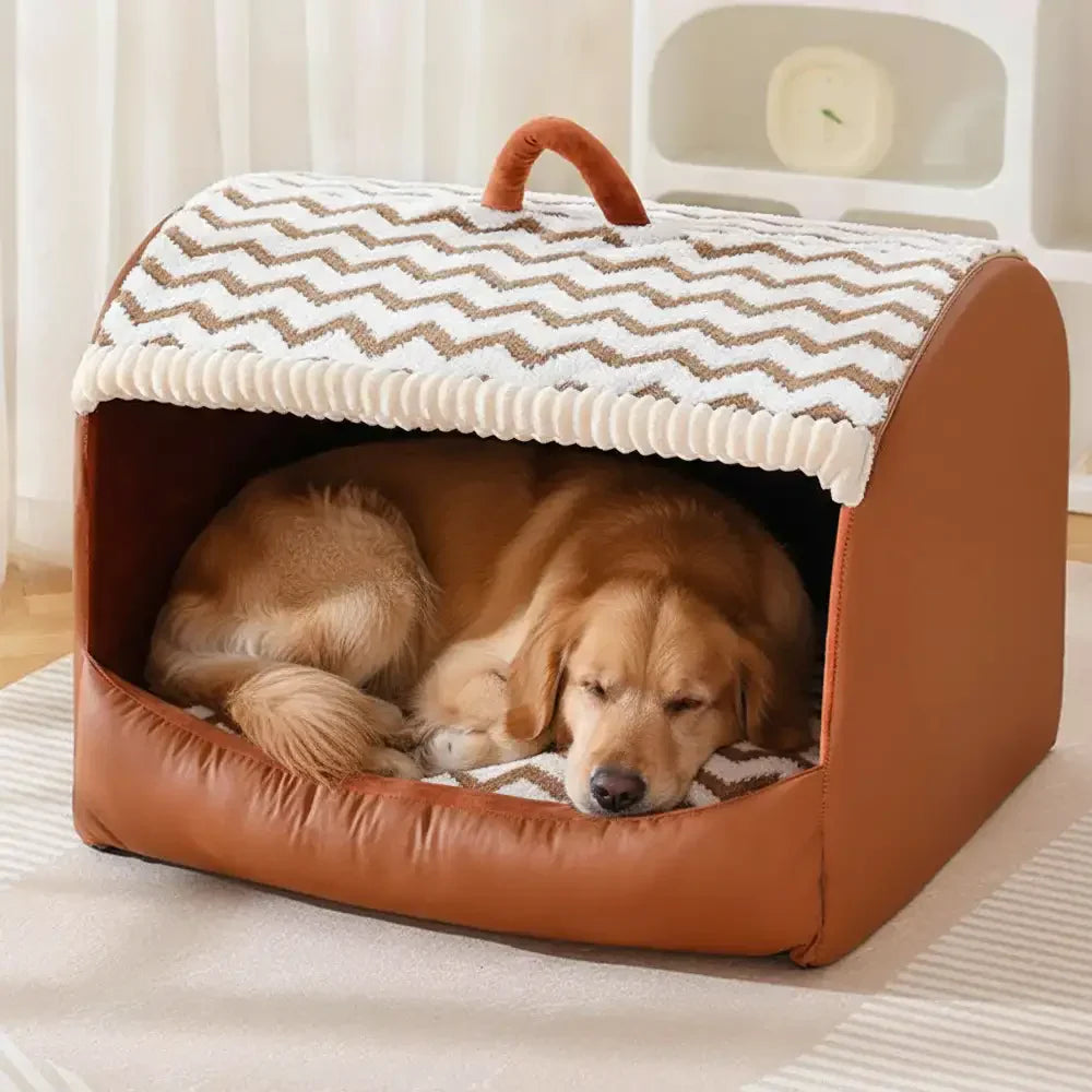 Pet Cozy Cabin Portable Semi-Enclosed Dog Bed with Roof Warming And Durable