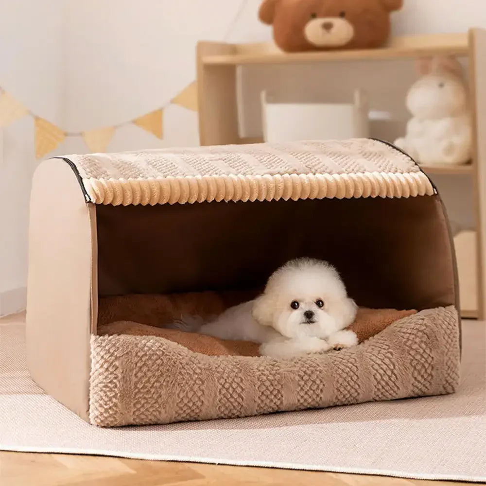 Pet Cozy Cabin Portable Semi-Enclosed Dog Bed with Roof Warming And Durable