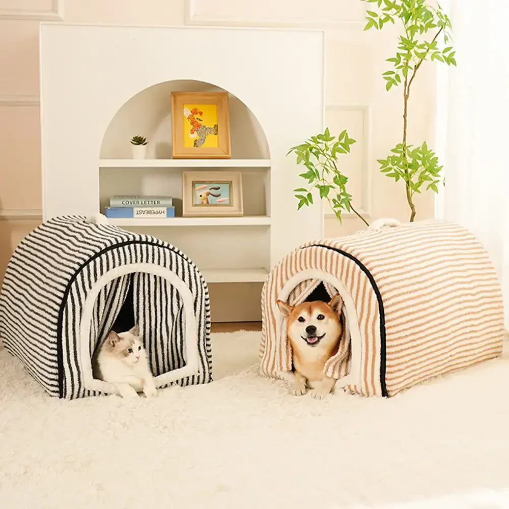 Pet Striped Cave-Style Warm Deep Sleeping Snug Cat Cave Dog House