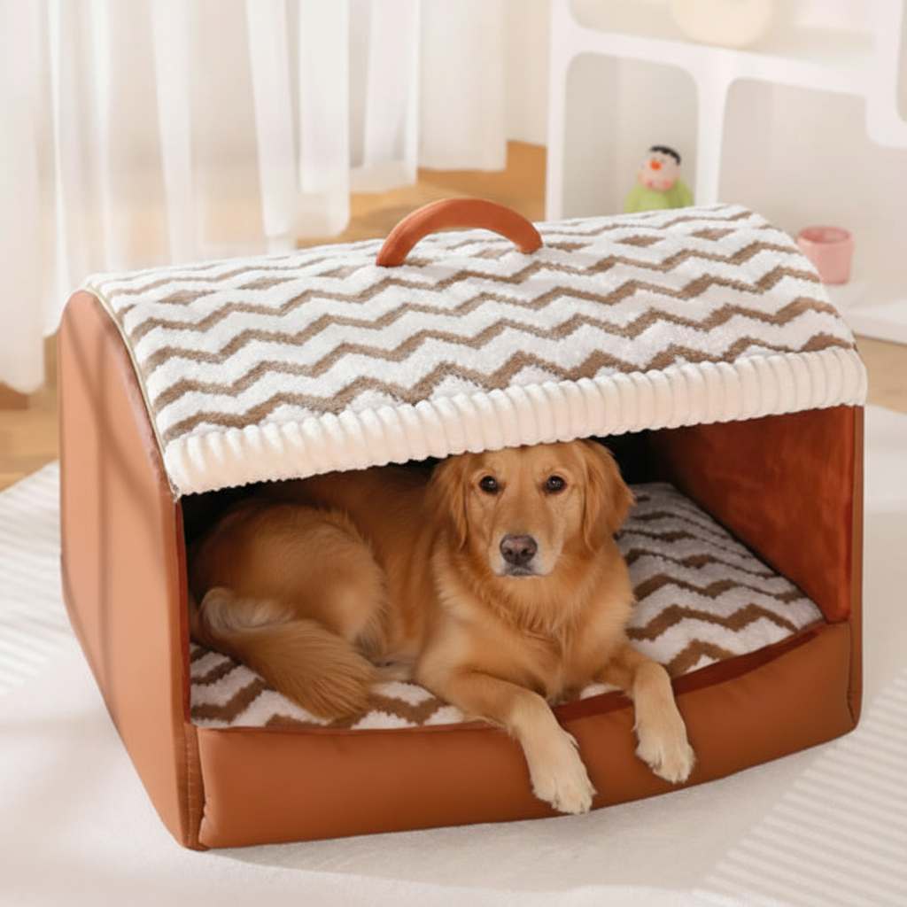 Pet Cozy Cabin Portable Semi-Enclosed Dog Bed with Roof Warming And Durable