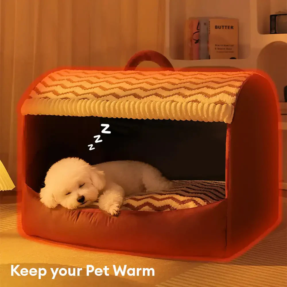 Pet Cozy Cabin Portable Semi-Enclosed Dog Bed with Roof Warming And Durable