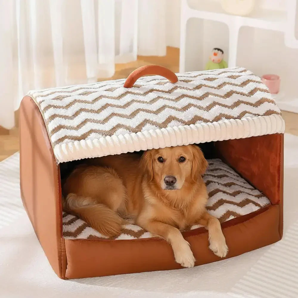 Pet Cozy Cabin Portable Semi-Enclosed Dog Bed with Roof Warming And Durable