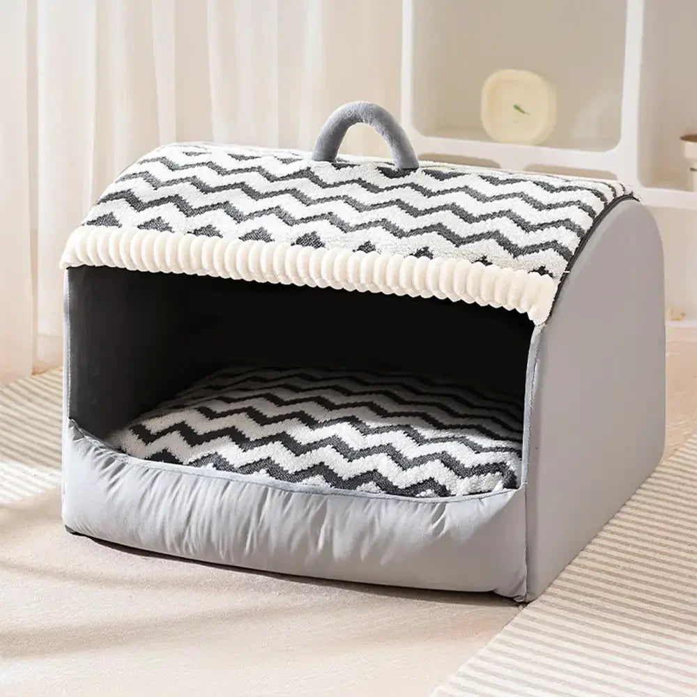 Pet Cozy Cabin Portable Semi-Enclosed Dog Bed with Roof Warming And Durable