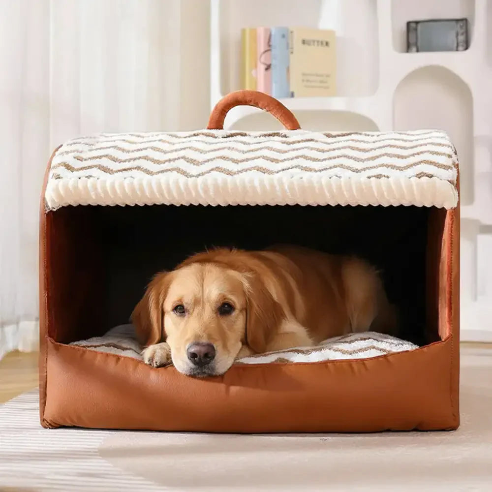 Pet Cozy Cabin Portable Semi-Enclosed Dog Bed with Roof Warming And Durable