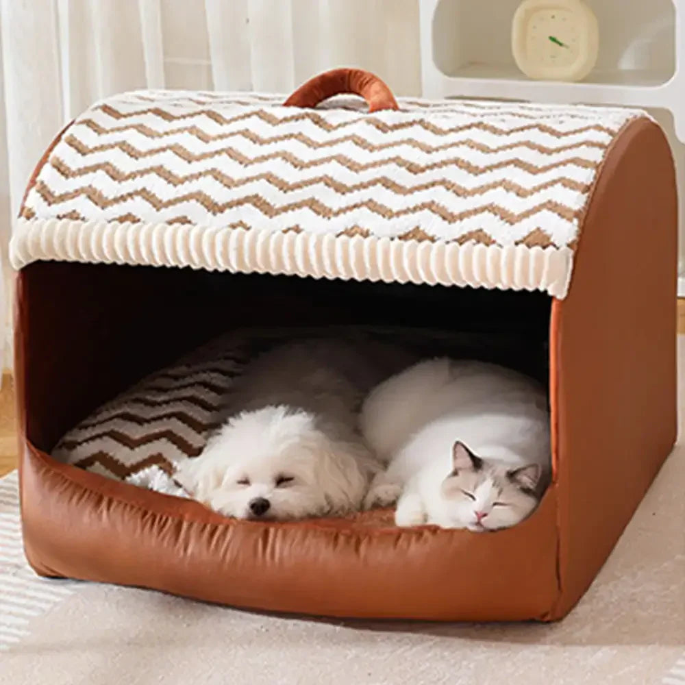 Pet Cozy Cabin Portable Semi-Enclosed Dog Bed with Roof Warming And Durable