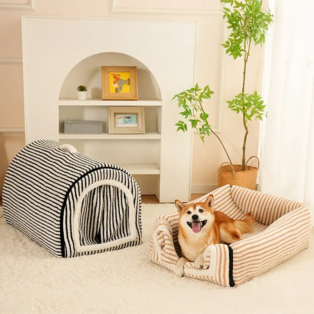 Pet Striped Cave-Style Warm Deep Sleeping Snug Cat Cave Dog House